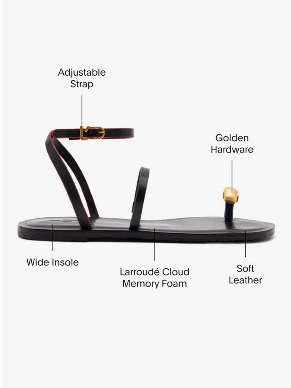 Larroude Biarritz Black Toe-Ring Ankle-Strap Sandals with Gold Accent - Picture 3 of 5